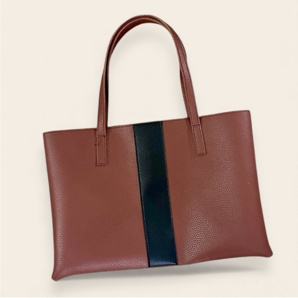 Vince Camuto Luck Tote – Vegan Leather – Brown with Black Stripe